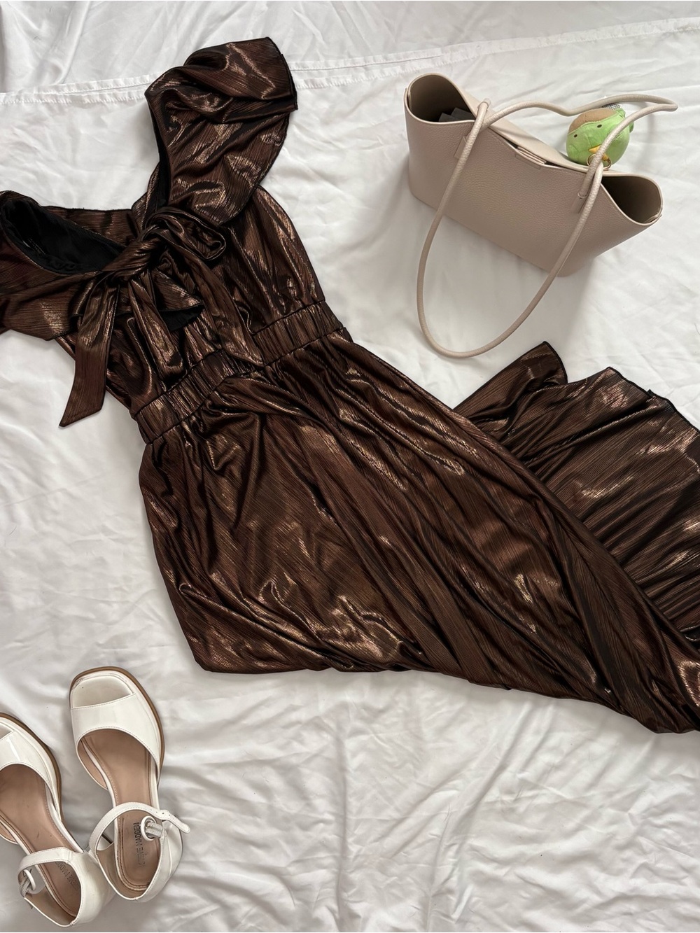 American Vintage Metallic Chocolate Brown Tie-Neck Maxi Dress